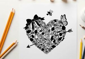 Silhouette heart with butterflies bows and arrows illustration