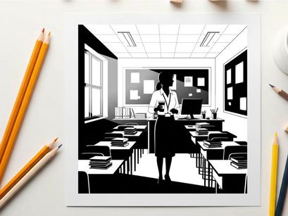 Silhouette of a woman standing in a classroom with desks and a computer