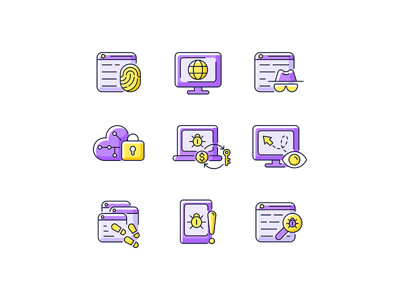 Online behavior monitoring purple RGB color icons set