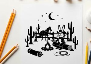 Desert night silhouette cowboy bunny by campfire under starry sky with silhouette