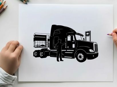 Silhouette of a man standing beside a large semi truck