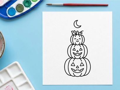 Família de abóboras de Halloween com rostos sorridentes empilhadas. Trio de abóboras de jack-o'-lantern fofas celebrando a estação assustadora sob a lua.