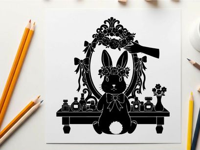 Silhouette of a rabbit in front of a vanity with makeup