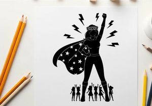 Superhero silhouette with cape and lightning bolts rising silhouette