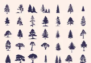 Silhouettes Trees Set, Pine Tree fir pruce cedar white patch alder elm birch ash cypress beech palm tree.