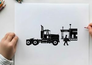 Silhouette of a man walking next to a semi truck and building