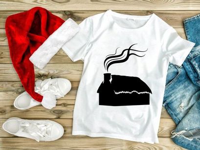 Cozy thatched cottage with rising smoke minimalist black silhouette