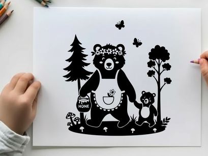 Mother bear silhouette with flower crown and apron