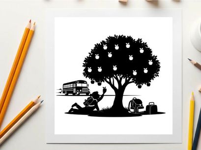 Silhouette of a person under a tree with lanterns and a bus