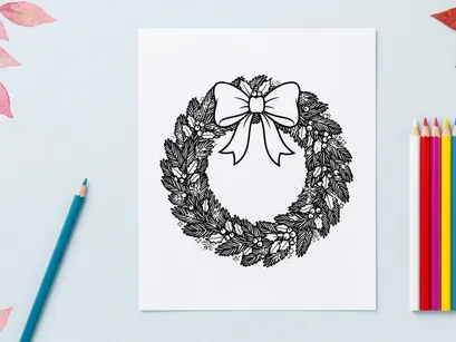 Christmas wreath with bow line art illustration for holiday coloring page design