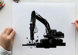 Silhouette of excavator breaking ground with jackhammer attachment