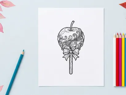 Candy apple line art illustration. Decorative caramel apple with bow for coloring book.