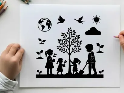 Kinder pflanzen Baum mit Globus, Vektorgrafik