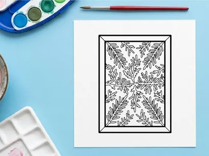 Christmas pine branch line art illustration in a rectangular frame for holiday design