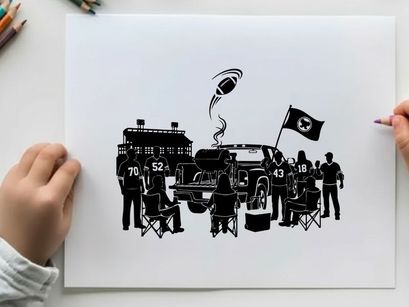 Silhouette of people gathered around a truck with a flag and building