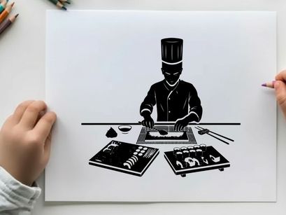 Silhouette of chef preparing sushi on a cutting board