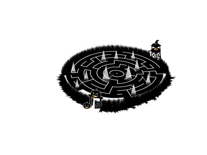 Silhouette of a person standing in a mysterious maze with pyramids silhouette