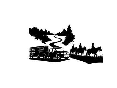 Silhouette of horseback riders and emergency response truck on a winding road