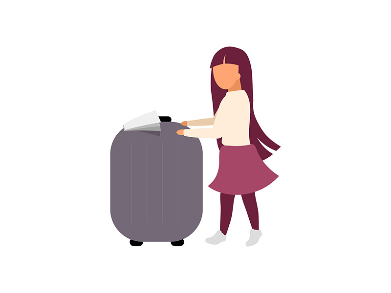 Little girl with luggage flat color vector faceless character