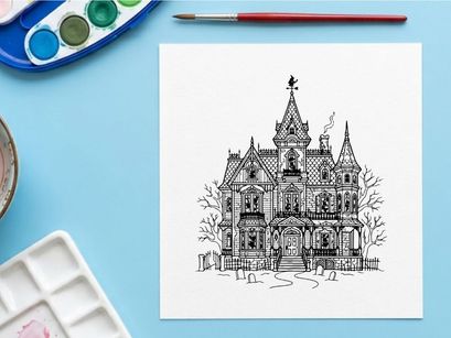 Ilustración de mansión victoriana encantada. Dibujo de casa gótica espeluznante para diseño de Halloween.