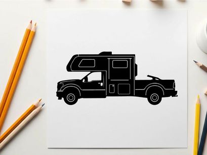 Silhouette of a camper truck with pop up roof and large storage