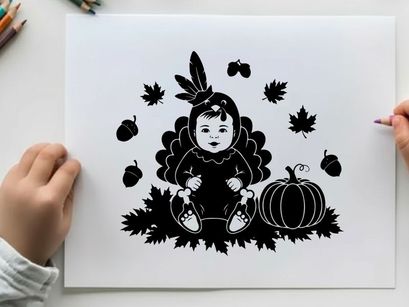 Native american child silhouette in autumn leaves and pumpkin