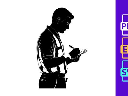A silhouette of a man in a reflective vest writing on a clipboard