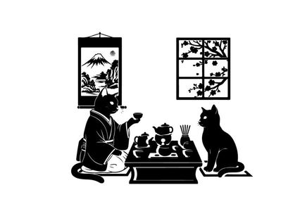 Whimsical silhouette of cats in traditional japanese setting tea ceremony