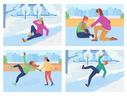 Slipping on ice flat color vector illustration set