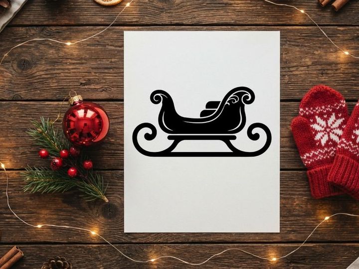 Silhouette of Santa's Sleigh with Gift Bag on a White Background