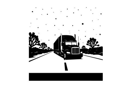 Silhouette of a semi truck driving down a road with trees on a snowy night