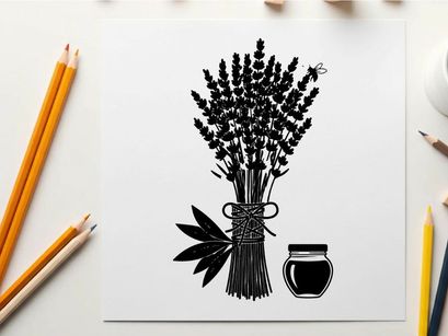Silhouette of lavender bouquet and honey jar illustration
