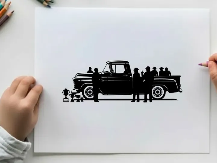 Vintage pickup truck silhouette with group of people and dog
