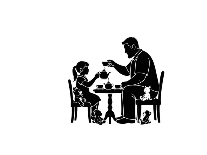 Silhouette of a man and a girl having tea with pets
