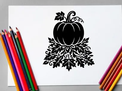 Silhouette of a pumpkin with leaves and vines for autumn or Halloween themes