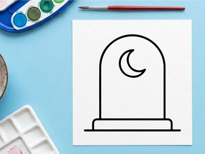 Crescent moon on gravestone icon for Halloween. Spooky night sky symbol of horror and gothic themes.