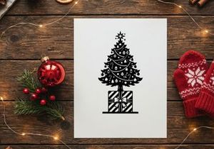 Black and white Christmas tree icon with gift box silhouette for holiday design projects