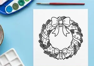 Christmas wreath line art illustration with bows and pine branches for coloring page.