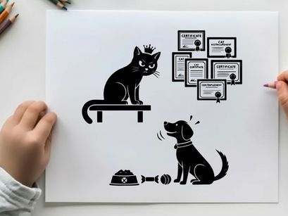 Silhouette of cat and dog with certificates on wall