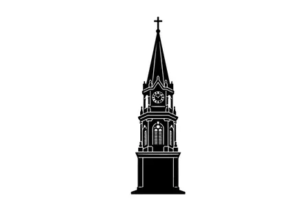 Black silhouette of a church tower with a clock and cross on a white background