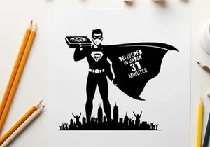 Superhero silhouette delivering food in 30 minutes guaranteed
