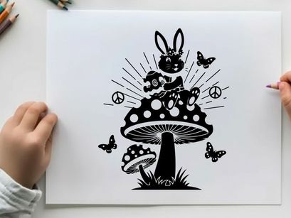 Peaceful silhouette of bunny on mushroom with butterflies