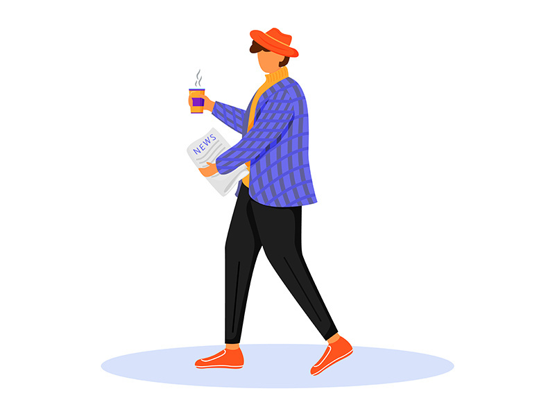 Man with morning newspaper flat color vector illustration