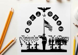Veterans memorial silhouette with american flag and military emblems