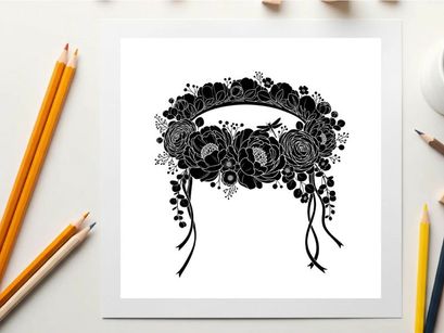 Silhouette of a decorative floral headband with ribbons