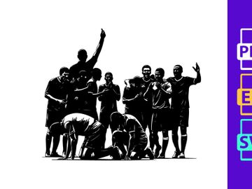 Black and white illustration of a triumphant sports team celebrating victory together preview picture