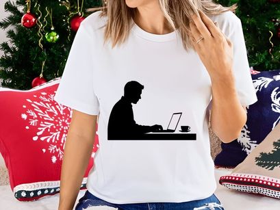 Woman working on laptop with coffee minimalist silhouette