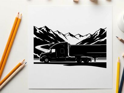 Truck silhouette driving through mountains