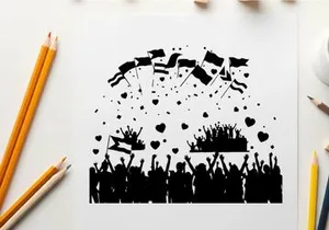 Silhouette of a crowd celebrating with flags and hearts in the air