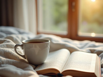 Relaxing scene with a cup of coffee and open book on a cozy blanket. preview picture